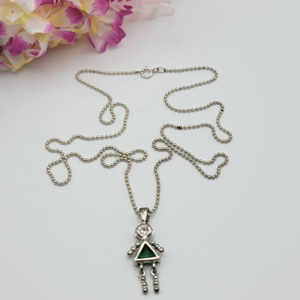 Vintage Sterling Silver Green Crystal Girl Pendant Necklace 24 In May Birthstone